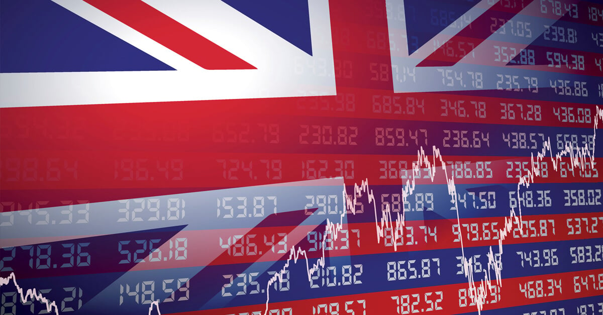 Great Britain flag against the background of numbers and graph